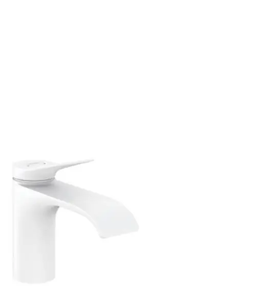 Weißer Waschtischmischer von Hansgrohe mit einer breiten, flachen Auslaufkante und einem ergonomischen Griff, der die Temperaturregelung ermöglicht.